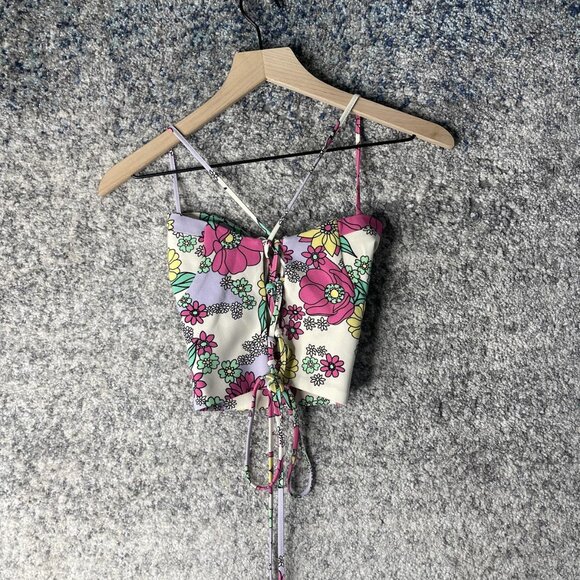 Zara Floral Crop Top Womens Large Strappy Corset Lace Up Back Y2K - Picture 6 of 8